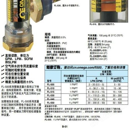 OMEGA/欧米茄 FL-505-BSPT管路流量计