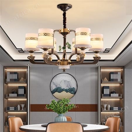 新中式全铜玉石吊灯 双庆灯饰餐厅客厅吊灯 别墅全铜灯具