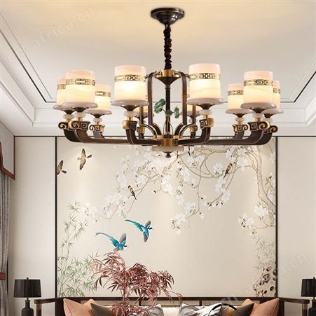 新中式全铜玉石吊灯 双庆灯饰餐厅客厅吊灯 别墅全铜灯具