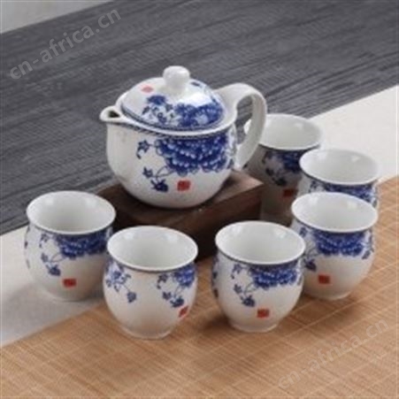 红素彩青花七头双层茶具套装隔热杯 陶瓷茶具礼品定制 500件起订不单独零售