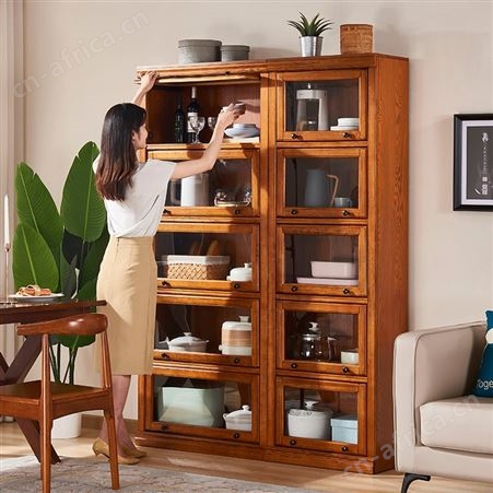 美式实木书柜带门玻璃门书橱置物架客厅组合储物柜子一体靠墙落地