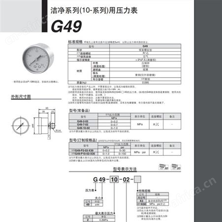 日本SMC 洁净系列（10-系列）用压力计 G49